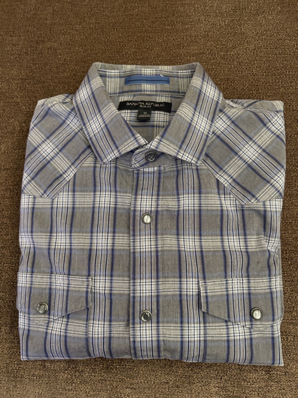 Banana Republic Men's Gray and Blue Plaid Button-Down Shirt size M